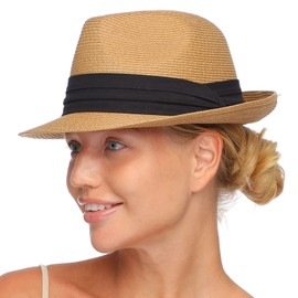 FURTALK Fedora Straw Sun Hat for Men Women Foldable Roll Up Short Brim Trilby Hat Panama Beach Hat UPF 50+ (Khaki, Large)