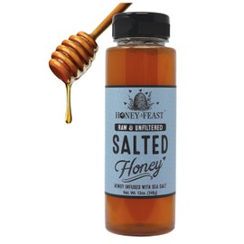 HONEY FEAST Salted Honey - Raw and Cold Packed - 12 Ounces - Small Batch Beekeeper Honey