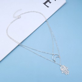 Inilbran Boho Layered Crescent Moon Choker Necklace Silver Hamsa Hand Pendant Necklace Choker Hollow Crescent Moon Necklace Chain Vintage Hamsa Necklace Chain Jewellery for Women and Girls