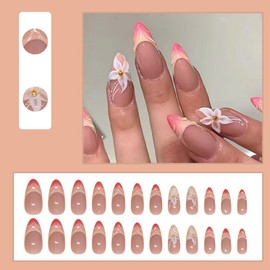 BQZQPAMZ Flower Fake Nails Medium Almond Shape Pink Gradient French Tip Press On Nails Full Cover Glossy Glue On Nails Press Nails With Charms Artificial Stick On Nails for Women Nail Art Supplies