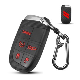 QBUC for Dodge Key Fob Cover 5 Buttons Silicone Key Fob Cover for Chrysler Grand Cherokee Dodge RAM Carbon Fiber Car Key Fob Cover (Black red)