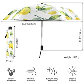 KOCOART Lemons Yellow Travel Umbrella Windproof Automatic Umbrella for Rain Summer Fruits Compact Folding Umbrella Sun Umbrella UV Protection Portable Car Golf Umbrella 39 in