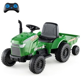 Costzon Ride on Tractor with Trailer, 12V Battery Powered Electric Vehicles with Remote Control, Music & Lights, Kids Tractor Ride on Toy with Shockproof EVA Wheels, Gift (EVA Tires, Dark Green)
