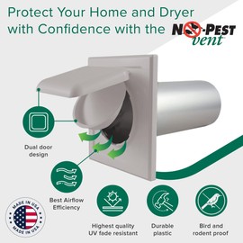 NO-PEST VENT, Exclusive Dual Door Dryer Vent Cover Outdoor 4 inch with Collar, Made in USA w Highest UV Resistant Plastic in any Outdoor Vent Cover (Light Grey, 4 inch W/O Duct Tube)