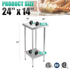 STABLEINK NSF Stainless Steel Table, 24 x 14 Inches Metal Prep & Work Table with Adjustable Undershelf, for Commercial Kitchen, Restaurant, Hotel and Garage,Small Stainless Steel Table