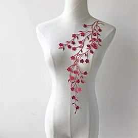 Selene Iron on Applique Embellishment Flower Leaf Vines Embroidery Applique Patch Plum Blossom Flower Patch for Garment Apparel Dresses 2 Pieces (Burgundy)