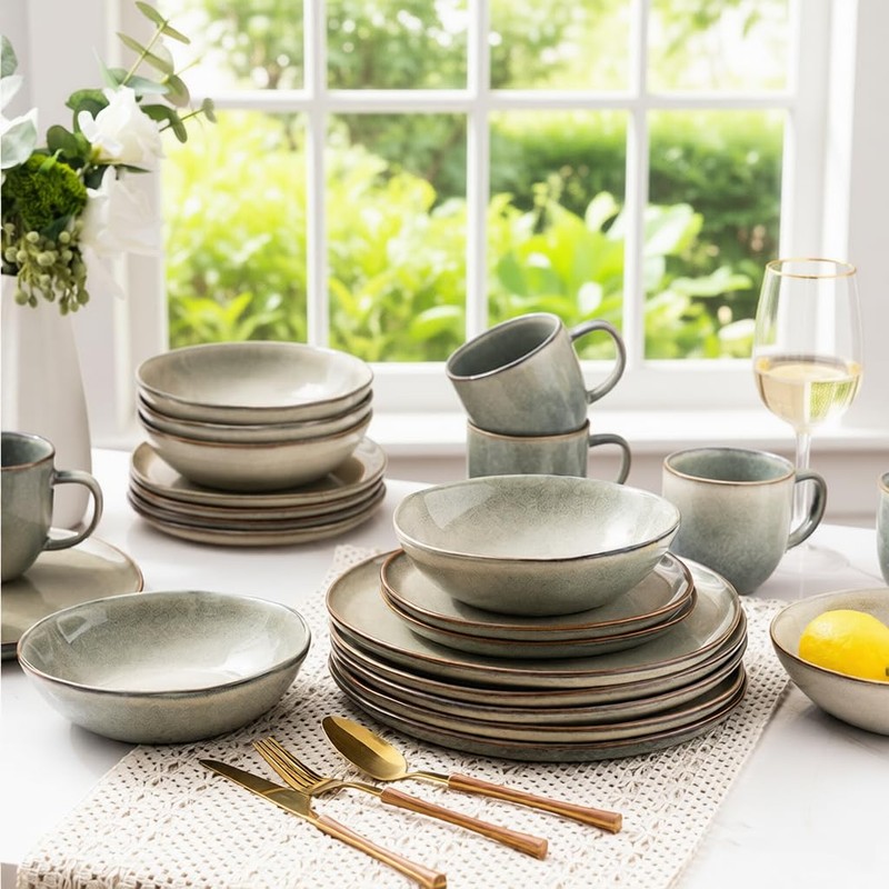AmorArc Ceramic Dinnerware Sets,Handmade Reactive Glaze Stoneware Plates and Bowls