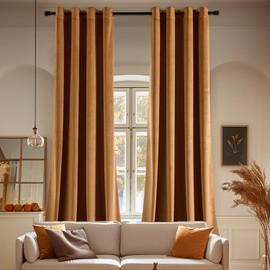 EMEMA Fall Decor Velvet Curtains 84 Inch Length 2 Panels Set, Luxury Blackout Curtains for Bedroom, Grommet Thermal Insulated Room Darkening Window Drapes for Living Room W52 x L84 Gold Brown