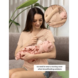 SUNNYBUY 3 Pack Women's Nursing Tops for Breastfeeding Short Sleeves Maternity Clothes Double Layer Postpartum Shirts,Black&Champagne&Light Coffee M