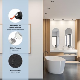 ledscom.de ERID Bathroom Ceiling Mounting Frames for Wet Rooms, IP44, Round, Matte Black, Includes GU5.3 Socket, Pack of 6