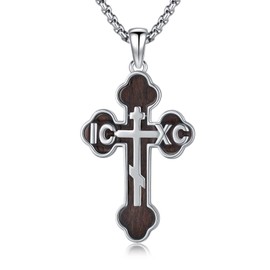 Lfkk Wooden Cross Necklace for Men 925 Sterling Silver Eastern Orthodox ICXC Cross Pendant Necklace with Stainless Steel Rolo Chain 22"+2"