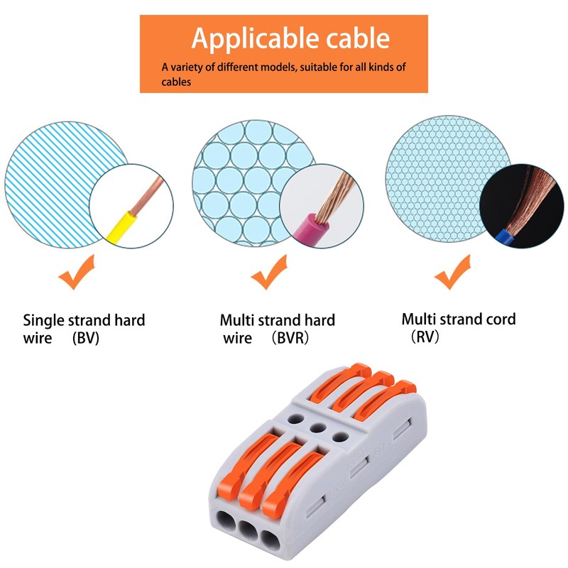100 Pack Push-in Wire Connectors, 3 in 3 Out Compact