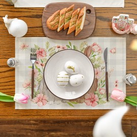 Artoid Mode Grey White Bunny Rabbit Flowers Buffalo Plaid Easter Placemats Set of 4, 12x18 Inch Spring Table Mats for Party Kitchen Dining Decoration