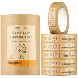 Koju Kraft Paper Packing Tape 24mm x 50m | 1/3/6 packs | Eco Friendly & Recyclable Brown Paper Tape for Packaging Parcels | Strong, Heavy Duty Paper Parcel Tape (6)