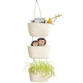 AARAINBOW Wall Hanging Cotton Baskets, Large Hanging Baskets 3 Tier Decorative Hanging Baskets for Wall, Nursery Wall Basket Boho Wall Baskets for Organizing, 3 Tier Hanging Basket Bathroom (B-White)