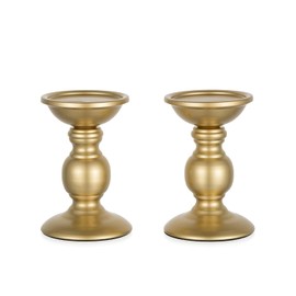 Juego de 2 portavelas de pilar de metal dorado para velas de 3 pulgadas de diámetro, portavelas para centros de mesa de boda, soporte de candelabro, pieza central de decoración ideal para bodas