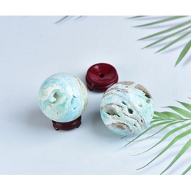 AMOYSTONE Blue Hemimorphite Crystal Ball 2.8-3.2" | Natural Energy Sphere for Meditation, Healing Grids & Spiritual Practice (with Wood Base)