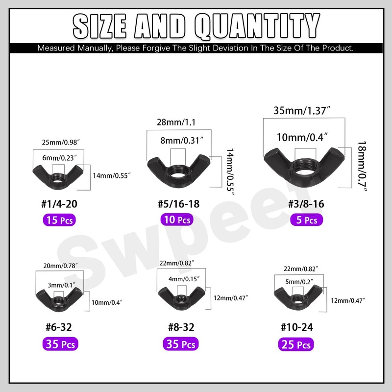 Swpeet 125Pcs Black High Strength Carbon Steel SAE Wing Nuts