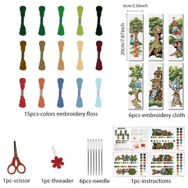 FREEBLOSS Set of 6 Cross Stitch Bookmark Sets, Tree House, Cross Stitch Set, Hand Embroidery Set, Large Tree Pattern, Stamped Cross Stitch Set, Stick Starter Set for Adults, Gift, 6 x 20 cm