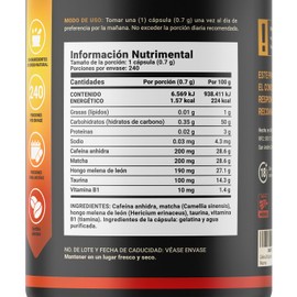 Cafeína Anhidra 240 Cápsulas de 700 mg. Adicionada con Matcha, Melena de León, Taurina y Vitamina B1. Ingredientes Naturales. Caffeine Blend B Life