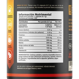 Cafeína Anhidra 240 Cápsulas de 700 mg. Adicionada con Matcha, Melena de León, Taurina y Vitamina B1. Ingredientes Naturales. Caffeine Blend B Life