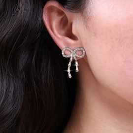 Atentuyi Crystal Bow Stud Earrings Gold Diamond Bow Earrings Wedding Rhineston Chain Drop Earrings Sparkly Cz Dangle Bridal Earrings Ribbon Bowknot Earrings Jewelry for Women and Girls