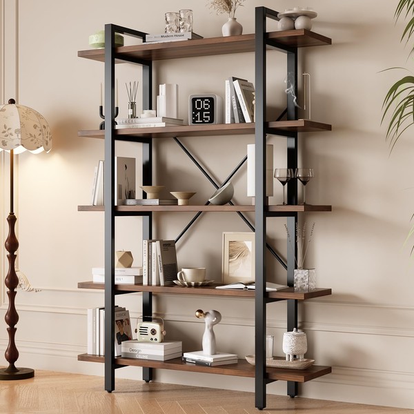 LZ-DONGMAN Industrial Bookshelf with 5 Shelves, Solid Wood Bookcase,Walnut Wood