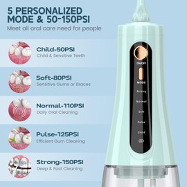 350ML Cordless Water Flosser, Water Dental Flosser Picks for Teeth Cleaning and Flossing with 6 Jet Tips & 5 Pressure Modes, 2000 mAh Rechargeable Powerful Oral Irrigator for Home Travel (Mint Green)