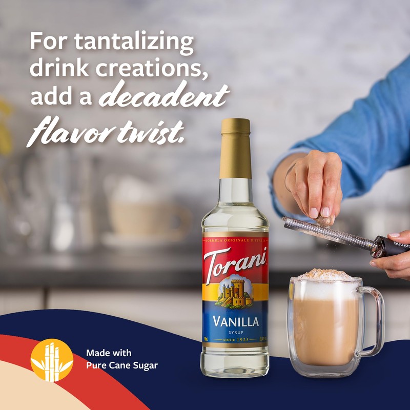 Torani Coffee Syrup, Vanilla Flavored Syrup for Drinks, Pump Included,