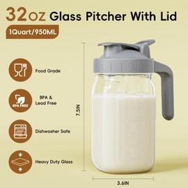 JunVpic Breast Milk Pitcher Jug - 32 oz Glass Mason Jar Airtight Pitcher with Pour Spout Handle for Breastmilk, Iced Tea, Ice Drinks Storage Container
