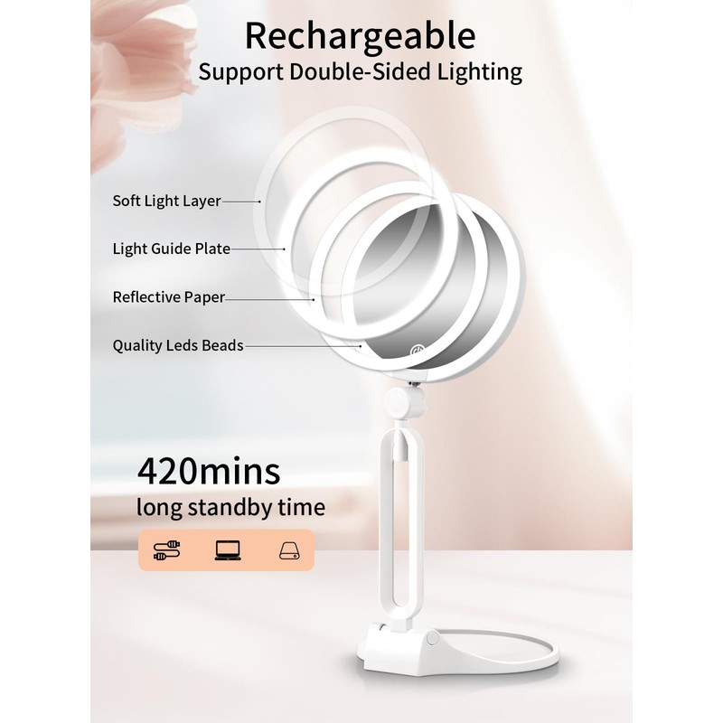 Travel Magnifying Makeup Mirror with Lights, Dual Sided 1X/40X, Foldable