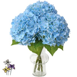Leftover 21" Blue Hydrangea Artificial Flowers,3 Pcs Real Touch Hydrangea Flowers with 3 PCS Butterflies for Centerpiece Table Decorations,Floral Arrangements for Coffee Table Decor,Living Room Decor