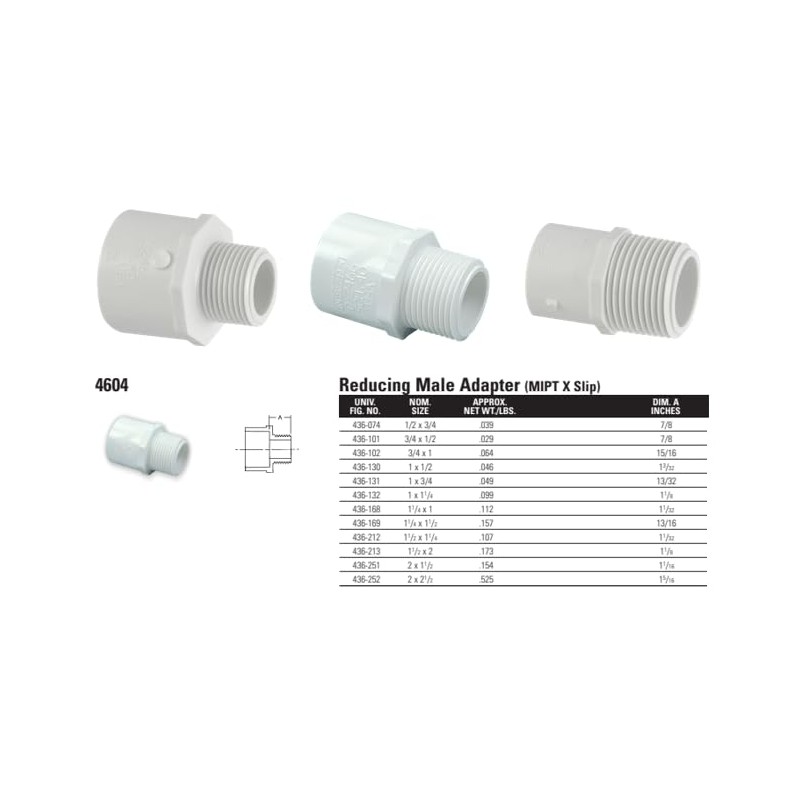NIBCO Fig No 436-005, 1/2 in. PVC Male Adapter Male