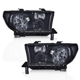 G-PLUS Front Headlights Assembly Pair,Compatible with 2007-2013 Toyota Tundra/Fit 2008-2017 Toyota Sequoia,811100C051, 811500C051 Smoke Lens Black Housing Clear Reflector