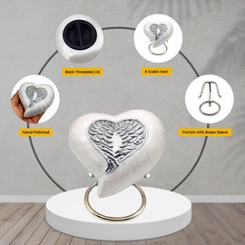 Heart Cremation WHITE Urn for Human Ashes Adult Funeral Decorative Angel Wings Urn for Women and Men Carefully Handcrafted Keepsake Cremation Heart Shaped Urn Comes with Stand & Gift Box (WHITE WING)