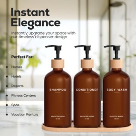 Amber Shampoo and Conditioner Dispenser Set by Brighter Barns - Refillable Plastic Shower Dispenser for Bathroom - Body Wash and Shampoo Bottles with Tray - Boho Decor for Airbnb, Hotel, Gift (Amber)