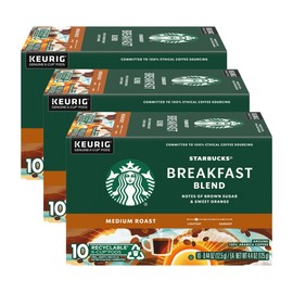 Starbucks Coffee K-Cup Pods, Breakfast Blend Medium Roast, Ground Coffee K-Cup Pods for Keurig Brewing System, 10 CT K-Cup Pods Per Box (Pack of 3 Boxes)