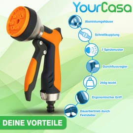 YourCasa Gartenbrause aus Aluminiumgehäuse - Gartenspritze mit 7 Sprühmustern - Brause Spritze mit Gartenschlauch Aufsatz - Handbrause Garten Wasserspritze Düse Reinigungsspritze Multibrause (Orange)