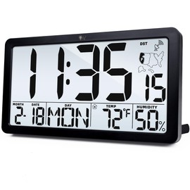 TXL Atomic Wall Clock with Backlight, Battery Operated Digital Wall Clock with Temperature, Humidity and Date, Large Display, Auto DST, 6 Time Zone(Black)