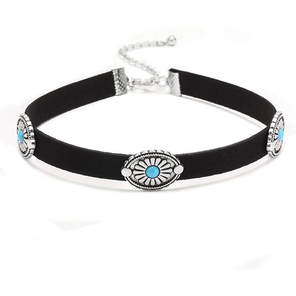 Western Choker Necklace for Women, Turquoise Choker Necklace, Black Leather