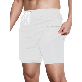 Asrlivp Mens Swim Trunks with Compression Liner Quick Dry 5 inch Inseam Beach Shorts Swimwear Board Shorts Bathing Suit(XXXL,White)
