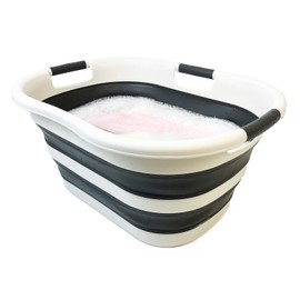 SAMMART 40L (10.5 gallon) Collapsible Plastic Laundry Basket - Foldable Storage Container- Portable Washing Tub - Space Saving Hamper (1, Grey/Washed Black)