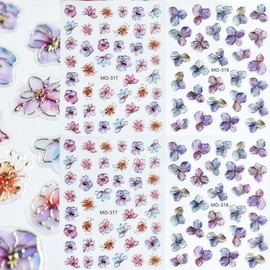 4 Sheets Shiny Flower Nail Stickers for Nail Art 3D Glitter Purple Golden Flower Nail Design Stickers Purple Golden Glossy Nail Decals Holographic Nail Supplies for Women DIY Nails Art Decoration