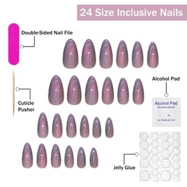 Blue Chrome Press on Nails Medium Almond Cat Eye Fake Nails Full Cover Summer Acrylic Nails Flash False Nails with Designs Glossy Glue on Nails Handmade Artificial Nails for Women Girls 24Pcs