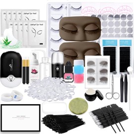 Lash Extension Kit Professional Eyelash Extensions Supplies Training for Beginners Mannequin Head Grafting Lash USB Fan Lash Shampoo Brush Spraye 0.07D Curl Mix 8-15mm Practice Eyelash Strips