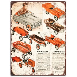 1951 Firestone Pedal Car Tractor Fire Truck Ad Baked Metal Repro Sign 9x12 60132