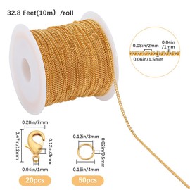 SOFPLATE 33 Feet/10m 2mm Brass Curb Chain Links cable Link Chain Bulk with 20Pcs Lobster Claw Clasps & 50Pcs Jump Rings jewellery Set Gold Chain Spool for jewellery Making Supplies DIY Bracelet