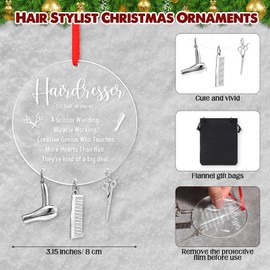 Syhood Hairstylist Christmas Ornaments Acrylic Hairdresser Hanging Ornament with Pendents and Bag for Christmas Tree Hairdresser Gifts for Women Men Salon Decor for Hair Stylist
