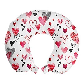Ambesonne Valentines Travel Pillow Neck Rest, Doodle Style Hearts with Different Designs Romantic Inspirations for Art, Memory Foam Traveling Accessory for Airplane and Car, 12", Black Red Pink