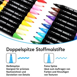20 Textile Pens Dual Tip - Machine Washable and Permanent for T-Shirts, Fabric Bags, Shoes and More - Non-Toxic, Ideal for Children and Adults